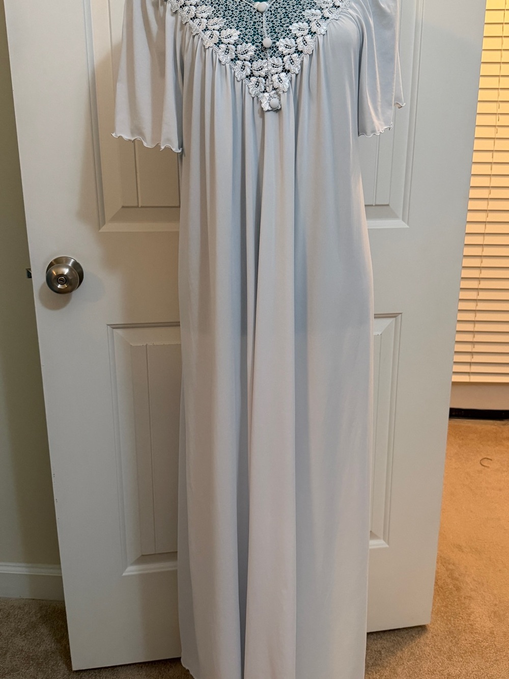 Vintage Long Light Blue Nightgown with Lace Yoke Sz Large Brand Tag Missing